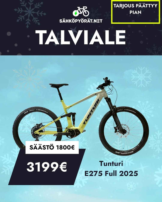 Talven supertarjous: SÄHKÖPYÖRÄT.NET Tunturi E275 Full 2025 sähkömaastopyörä nyt vain 3199€ (ovh. 4999€)! Sininen tausta ja lumihiutaleet. Tarjous päättyy pian - toimi nopeasti!.