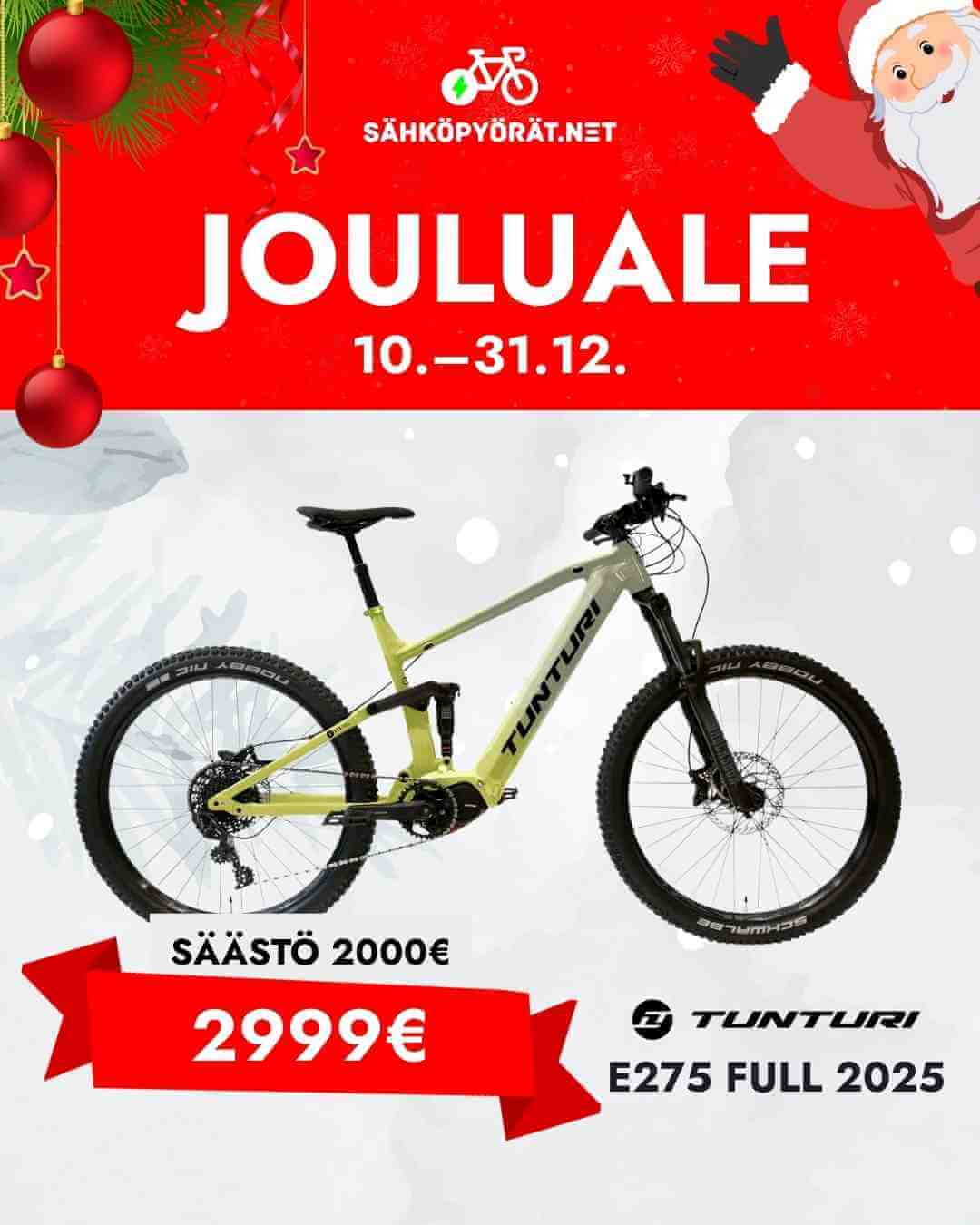 Tunturi vihreä maastopyörä valkoisella taustalla jouluteemalla