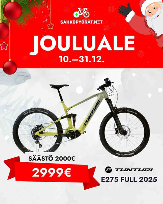 Tunturi vihreä maastopyörä valkoisella taustalla jouluteemalla