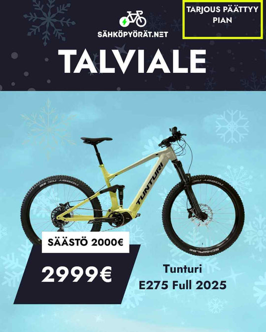 SÄHKÖPYÖRÄT.NET Tunturi E275 Full 2025 *HUIPPUTARJOUS* talvialessa! Shimano EP8-moottori, sinisellä lumitaustalla. Hinta 2999 € (alennus 2000 €). Tarjous voimassa vielä hetken!.