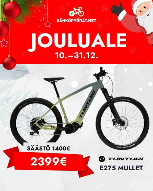 Tunturi vihreä maastopyörä valkoisella taustalla jouluteemalla