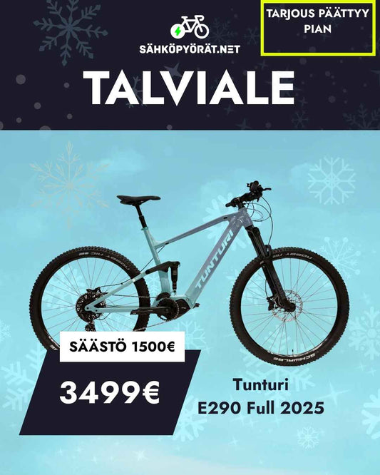 SÄHKÖPYÖRÄT.NETin Tunturi E290 Full sähkömaastopyörä siniharmaana lumisessa maastossa-talvimyynnissä: 3499€ (säästö 1500€)! Shimano EP8 tarjous päättyy pian.