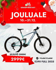 Tunturi sininen maastopyörä valkoisella taustalla jouluteemalla