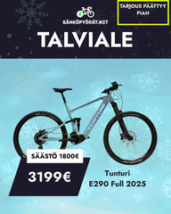 Talviale! Tunturi E290 Full sähkömaastopyörä nyt 3199€ (säästä 1800€). Tarjous päättyy pian. Osta SÄHKÖPYÖRÄT.NETistä - Shimanon EP8-moottorilla. Lumihiutaletausta ja pyöräkuva keskellä.