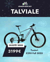 Sininen tunturi sähkömaastopyörä talvisella taustalla