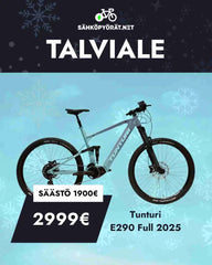 Sininen tunturi sähkömaastopyörä talvisella taustalla