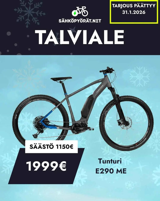 Tunturi E290 ME - harmaa sähkömaastopyörä talvisella taustalla