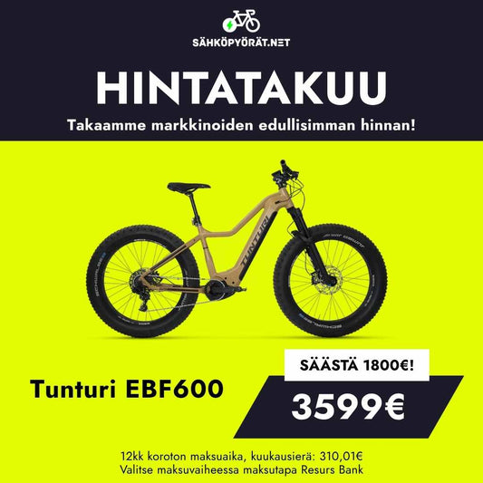 Mainos, jossa keltainen Tunturi EMAX EBF600 sähköpyörä mustalla pohjalla. Hintatakuu tarjotaan: 3599€ (säästö 1800€), maksuvaihtoehdot alkaen 310,01€/kk. Sisältää Bosch Performance Line CX -moottorin.