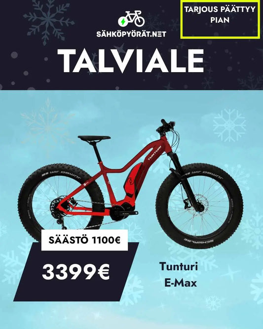 Tunturi EMAX sähköpyörä - punainen fatbike lumisella taustalla