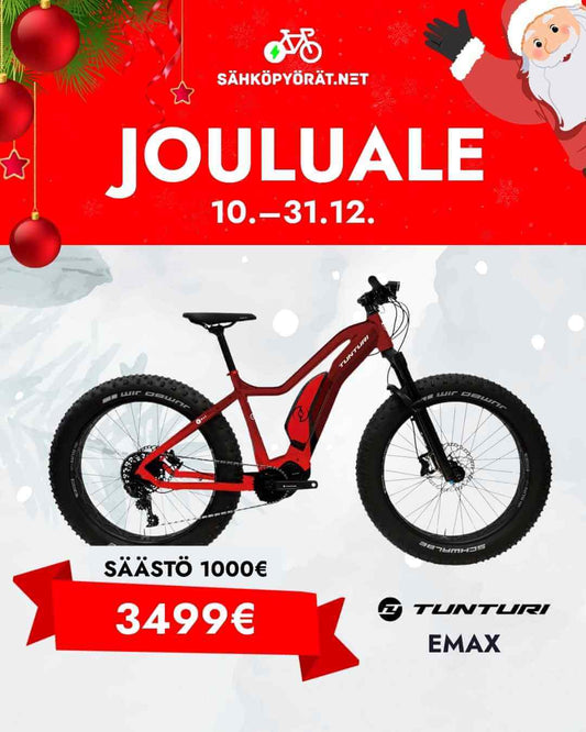 Tunturi punainen fatbike valkoisella taustalla jouluteemalla