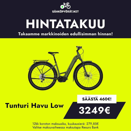 Tunturi Havu Low sähköpyörän mainos, jossa on vihreä kehys keltaisella pohjalla. Powered by Bosch Performance Line, nyt 3249€ (460€ alennus), hintatakuu ja rahoitusinfo suomeksi.
