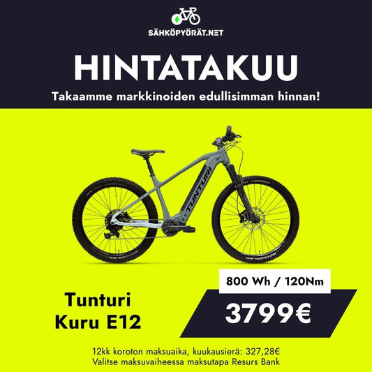 Tunturi Kuru E12 sähköpyörä: Bosch Powertube 800Wh akku, 120Nm vääntö, hinta 3799€. Saatavilla suomalaisilla maksuerävaihtoehdoilla.