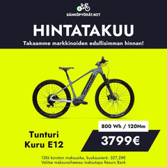 Tunturi Kuru E12 sähköpyörä: Bosch Powertube 800Wh akku, 120Nm vääntö, hinta 3799€. Saatavilla suomalaisilla maksuerävaihtoehdoilla.