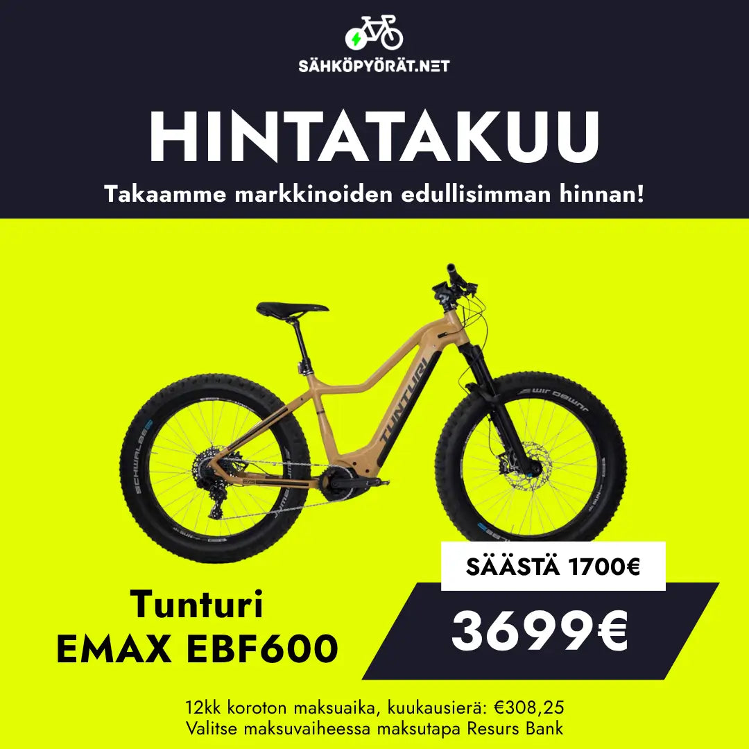 Mustakeltaisessa mainoksessa on keltainen Tunturi EMAX EBF600 fatbike sähköpyörä, jossa hintatakuu, 1700€ alennus, lopullinen hinta 3699€, Bosch Performance Line CX moottori. Maksuvaihtoehdot näkyvät alla suomeksi.