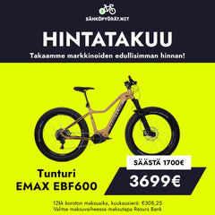 Mustakeltaisessa mainoksessa on keltainen Tunturi EMAX EBF600 fatbike sähköpyörä, jossa hintatakuu, 1700€ alennus, lopullinen hinta 3699€, Bosch Performance Line CX moottori. Maksuvaihtoehdot näkyvät alla suomeksi.