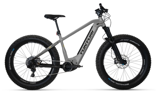 Tunturi harmaa sähköpyörä valkoisella taustalla