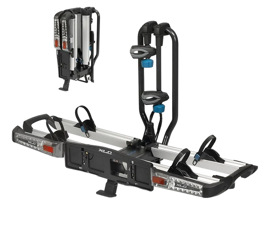 Mustan ja hopeanvärinen Thule XLC Azura Xtra VC-10 pyöränkuljetusteline on taitettava ja lukittava, siinä on säädettävät varret ja hihnat pyörille, mukaan lukien sähköpyörät, siinä on takavalot, rekisterikilven pidike ja siinä näkyy taitettu näkymä vasemmassa yläkulmassa.