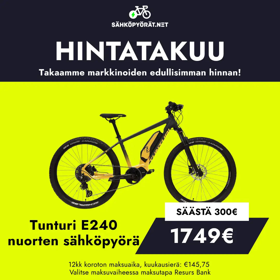 Valkoisella pohjalla näkyy Tunturin mustakeltainen Tunturi E240 nuorten sähköpyörä, jossa on 300€ alennus ja lopullinen hinta 1749€. Lisäksi näytetään suomenkielinen mainosteksti ja maksutiedot.