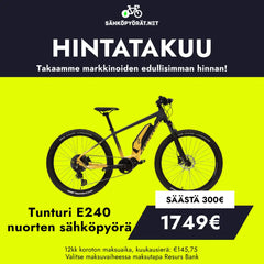 Valkoisella pohjalla näkyy Tunturin mustakeltainen Tunturi E240 nuorten sähköpyörä, jossa on 300€ alennus ja lopullinen hinta 1749€. Lisäksi näytetään suomenkielinen mainosteksti ja maksutiedot.