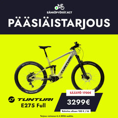 SÄHKÖPYÖRÄT.NETin harmaa Tunturi E275 Full -maastopyörä on esillä keltaisella pohjalla. PÄÄSIÄISTARJOUS: 3299€, säästä 1700€, tai rahoitus alkaen 100€/kk. Tarjous voimassa 6.4.2026 asti.