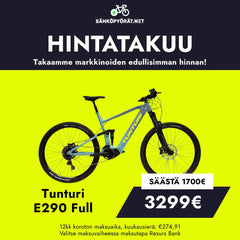 Keltaisella ja mustalla pohjalla on keltainen ja sininen Tunturi E290 Full sähkömaastopyörä. Hintatakuu, myyntihinta 3299€, säästö 1700€ ja suomalaiset maksuvaihtoehdot mainostetaan. Tunturi.