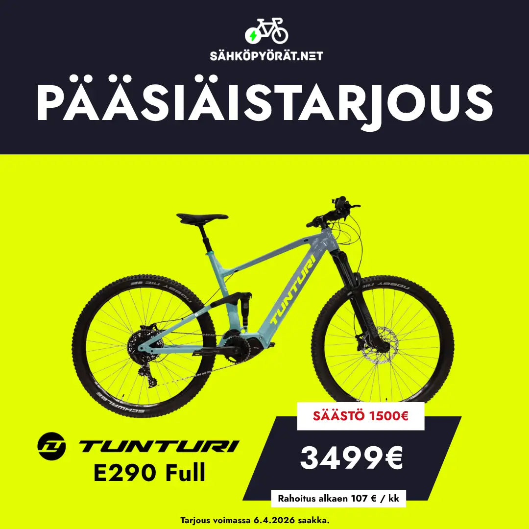Kirkkaan keltainen mainos Tunturi E290 Full PÄÄSIÄISTARJOUS SÄHKÖPYÖRÄT.NETistä! Nyt 1500€ alennusmyyntihinnasta 3499€. Shimano sähkömoottori. Tarjous voimassa 6.4.2026 asti!.