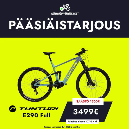 Kirkkaan keltainen mainos Tunturi E290 Full PÄÄSIÄISTARJOUS SÄHKÖPYÖRÄT.NETistä! Nyt 1500€ alennusmyyntihinnasta 3499€. Shimano sähkömoottori. Tarjous voimassa 6.4.2026 asti!.
