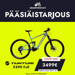 Kirkkaan keltainen mainos Tunturi E290 Full PÄÄSIÄISTARJOUS SÄHKÖPYÖRÄT.NETistä! Nyt 1500€ alennusmyyntihinnasta 3499€. Shimano sähkömoottori. Tarjous voimassa 6.4.2026 asti!.
