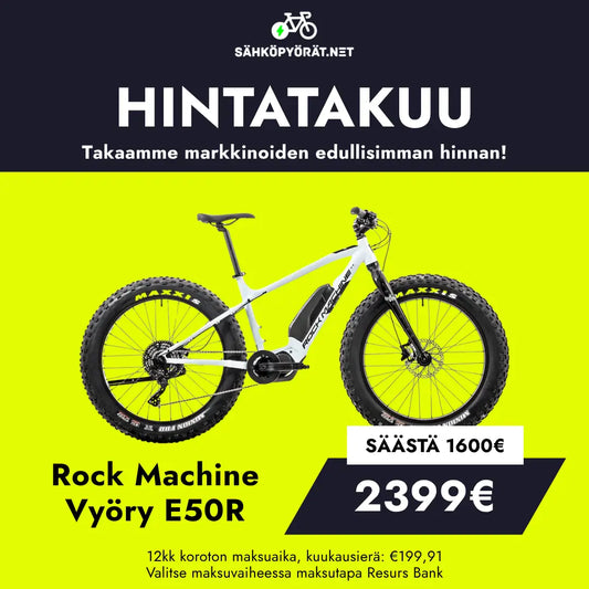 Valkoinen ja musta SÄHKÖPYÖRÄT.NET Rock Machine Vyöry E50R e-fatbike, jossa on Shimano EP6 -moottori, näkyy keltaisella pohjalla. Teksti korostaa hintatakuuta, myyntihinta 2399€ (säästö 1600€).