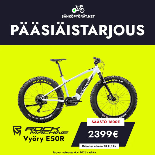 SÄHKÖPYÖRÄT.NET Rock Machine Pyöry E50R PÄÄSIÄISTARJOUS: valkoinen e-fatbike isoilla renkailla ja tehokkaalla Shimano EP6 -moottorilla. Nyt vain 2399€ (1600€ alennus)! Tarjous voimassa 6.4.2026 asti-varaa omasi!.