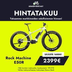 SÄHKÖPYÖRÄT.NET Rock Machine Pyöry E50R e-fatbike keltaisella ja mustalla taustalla. Nyt 2399€-säästät 1600€! Maksusuunnitelma saatavilla. Sisältää luotettavan Shimano EP6 moottorin.