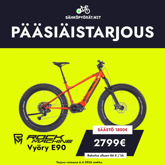 Mainos: SÄHKÖPYÖRÄT.NET: Rock Machine Vyöry E90 PÄÄSIÄISTARJOUS, oranssi sähköpyörä Shimano EP6 -moottorilla, SÄHKÖPYÖRÄT.NET. Tarjoushinta 2799 € (säästä 1800 €), rahoitus alkaen 86 €/kk. Voimassa 6.4.2026 asti.