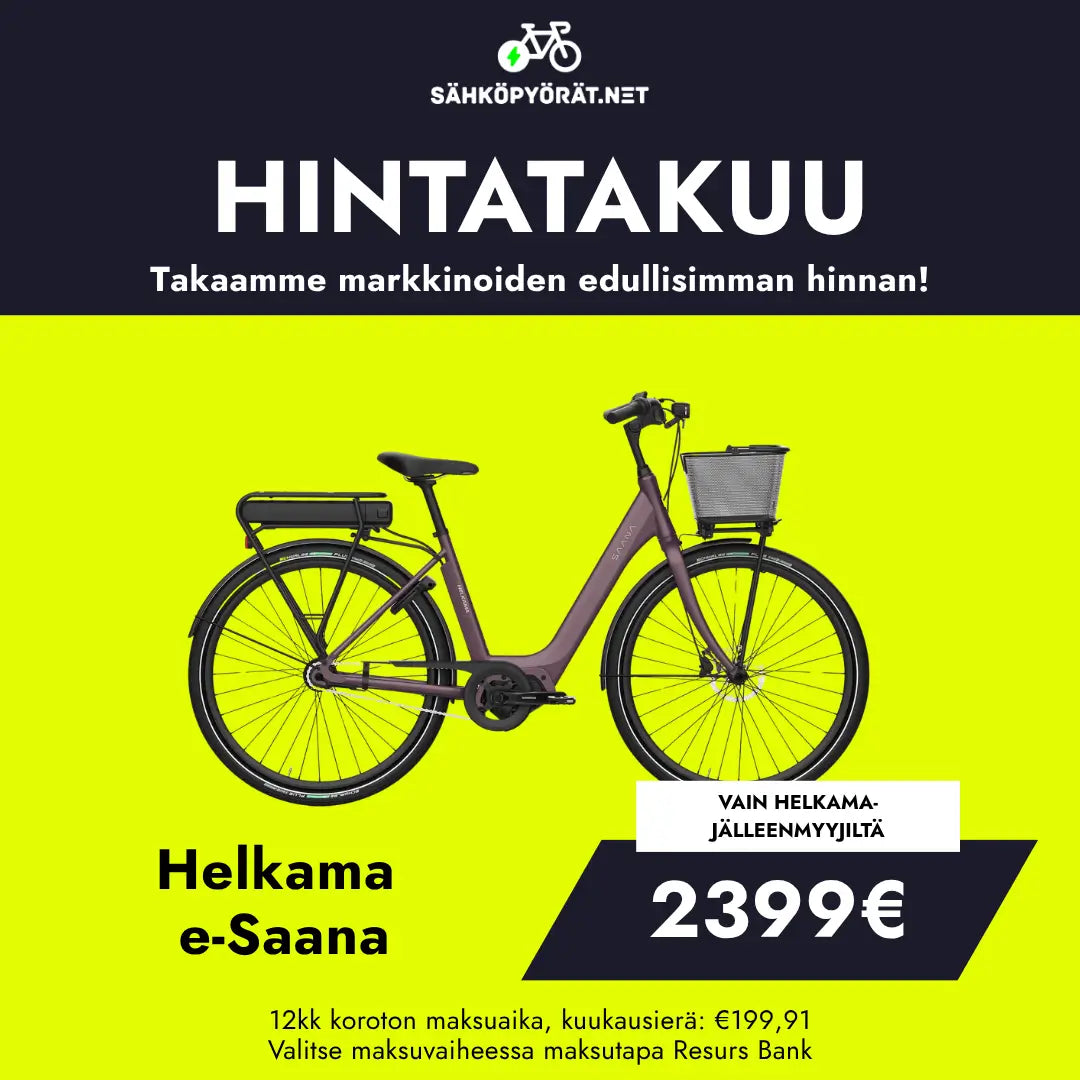 Violetti Helkama e-Saana 7v 28″ sähköpyörä näkyy kirkkaanvihreällä pohjalla, jossa on suomenkielinen teksti hintatakuusta, hinta 2399 €, ja sen alla on osamaksuvaihtoehdot ja Resurs Bankin maksutiedot.