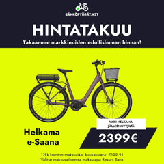 Violetti Helkama e-Saana 7v 28″ sähköpyörä näkyy kirkkaanvihreällä pohjalla, jossa on suomenkielinen teksti hintatakuusta, hinta 2399 €, ja sen alla on osamaksuvaihtoehdot ja Resurs Bankin maksutiedot.