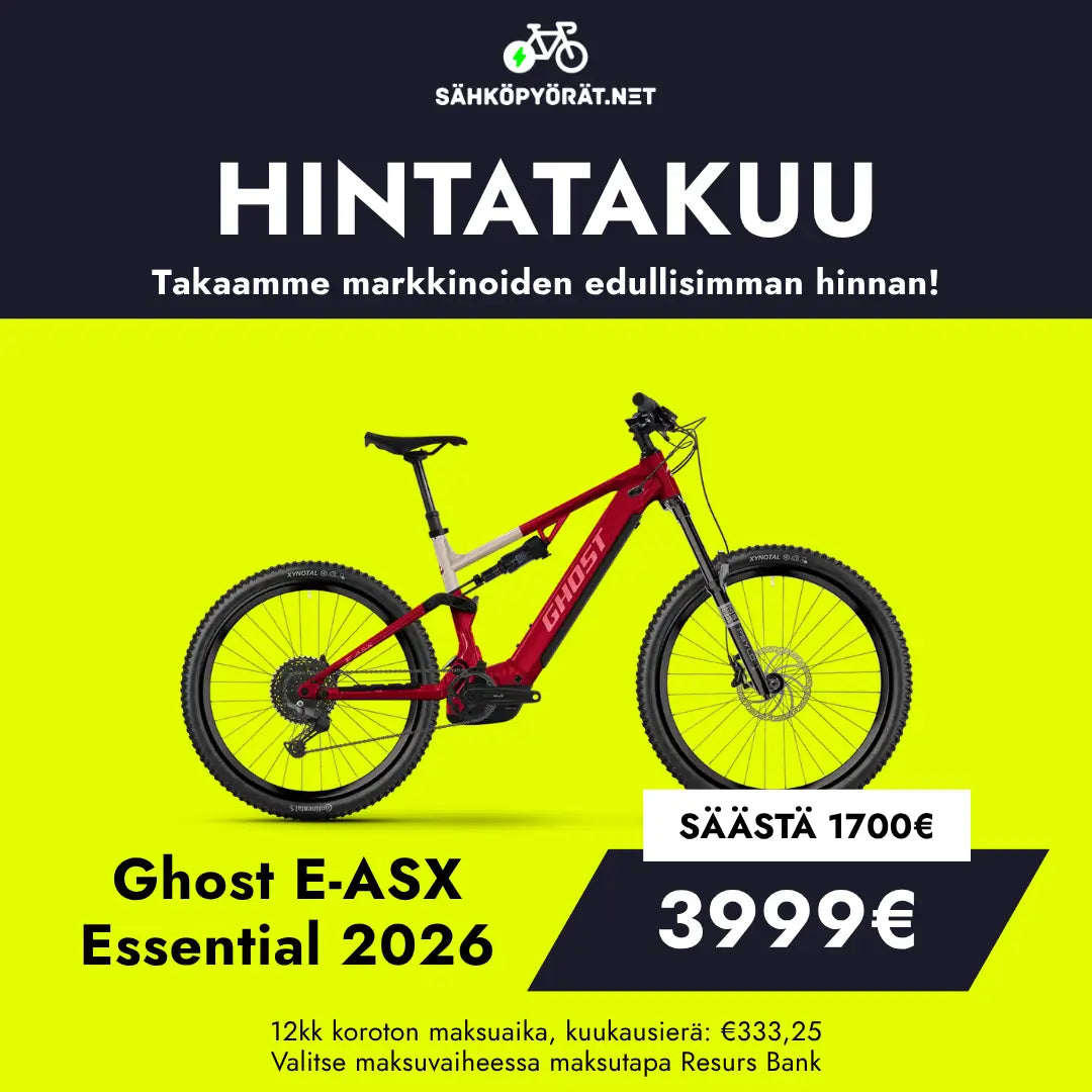 SÄHKÖPYÖRÄT.NET esittelee punaisen Ghost E-ASX Essential 2026 täysjousitettu sähkömaastopyörä (Bosch Performance Line CX) 1700 € alennuksella - loppuhinta 3999 €. Hinnoittelu- ja rahoitustiedot suomeksi.