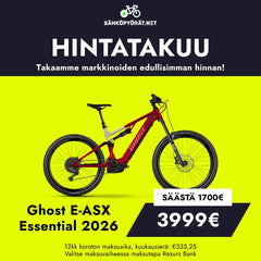 SÄHKÖPYÖRÄT.NET esittelee punaisen Ghost E-ASX Essential 2026 täysjousitettu sähkömaastopyörä (Bosch Performance Line CX) 1700 € alennuksella - loppuhinta 3999 €. Hinnoittelu- ja rahoitustiedot suomeksi.