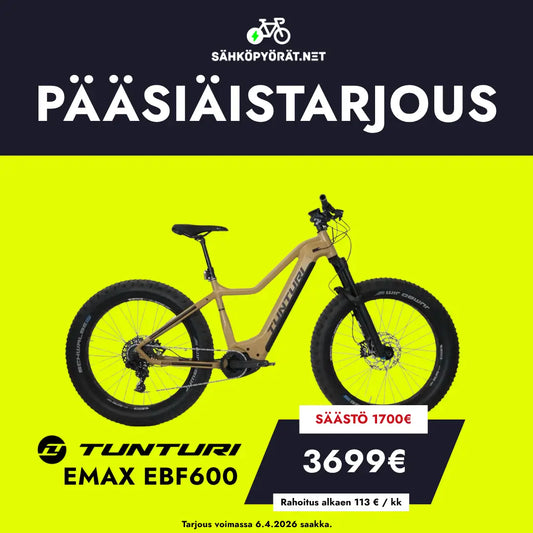 Mainos: Tunturi EMAX EBF600 PÄÄSIÄISTARJOUS Bosch Performance Line CX -sähköfatbike neonkeltaisella taustalla. Hinta 3699 € (1700 € alennus). Teksti suomeksi, mukana SÄHKÖPYÖRÄT.NET.
