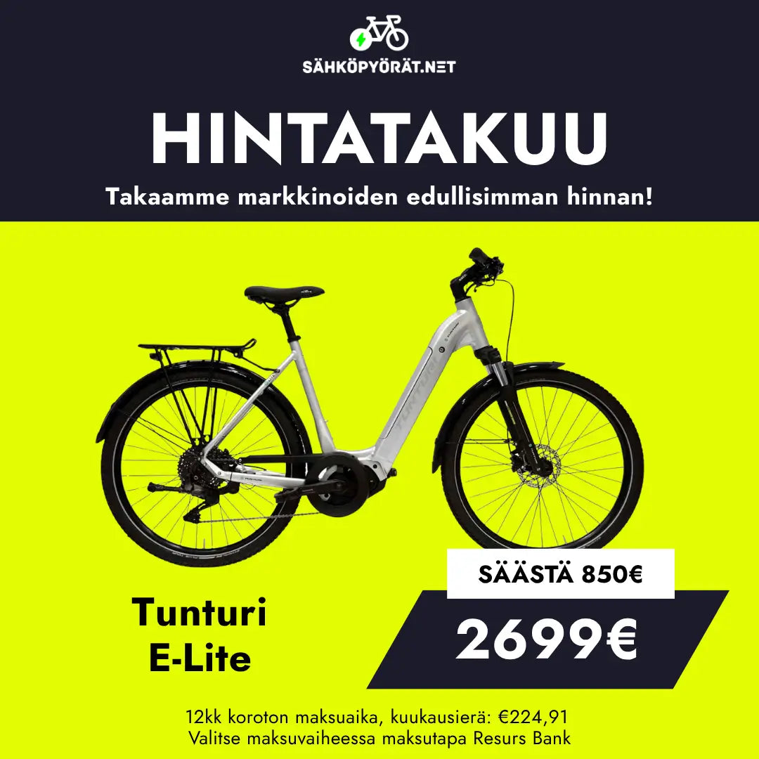 Tunturi E-LITE -sähköpyörä näkyy kirkkaan keltaisella pohjalla 2 699 euron hintaan - säästä 850 euroa! Halvin takuuhinta on ilmoitettu yllä, ja rahoitusvaihtoehdot on eritelty alla.