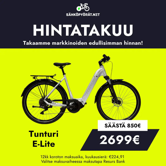 SÄHKÖPYÖRÄT.NETin hopeinen Tunturi E-LITE sähköpyörä Shimano keskimoottorilla on esillä kirkkaan keltaisella pohjalla. Myyntihinta 2699€ (säästö 850€) ja hintatakuu on korostettu, rahoitusinfo alla.