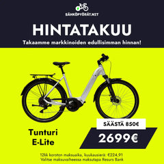 Tunturi E-LITE -sähköpyörä näkyy kirkkaan keltaisella pohjalla 2 699 euron hintaan - säästä 850 euroa! Halvin takuuhinta on ilmoitettu yllä, ja rahoitusvaihtoehdot on eritelty alla.