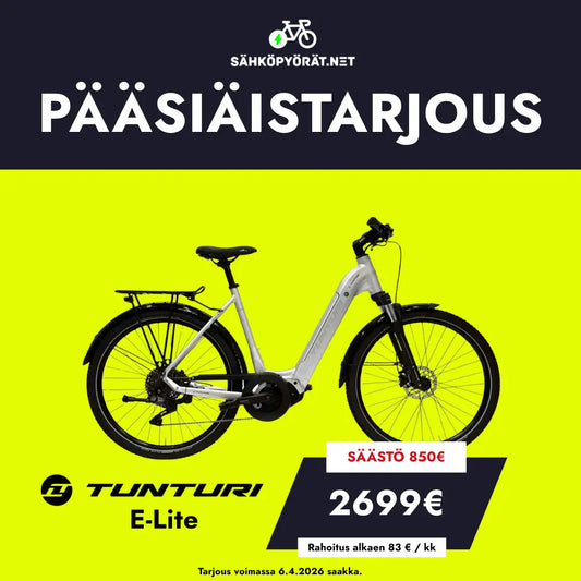 SÄHKÖPYÖRÄT.NETin kirkkaan keltaisessa mainoksessa Tunturi E-LITE PÄÄSIÄISTARJOUS näkyy valkoinen sähköpyörä kaupunkipyörä, pääsiäistarjous korostettu, hinta 2699€, ja säästät 850€.