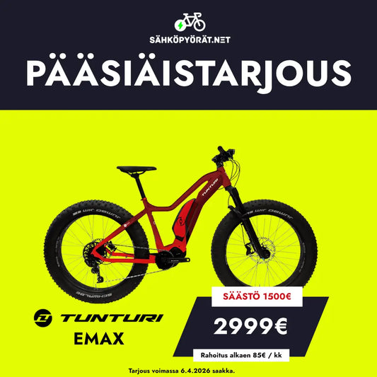 Keltaisella pohjalla näkyy SÄHKÖPYÖRÄT.NETin punainen Tunturi EMAX PÄÄSIÄISTARJOUS sähköfatbike Shimano-keskimoottorilla. Tekstissä lukee: Säästö 1500€, 2999€, rahoitus alkaen 85€/kk. Tarjous voimassa 6.4.2026 asti.