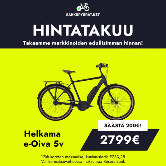 Musta Helkama e-Oiva 5v 27.5″ sähköpyörä Shimanon osilla näkyy kirkkaan vihreällä taustalla, ja suomenkielisellä tekstillä korostetaan 200 euron alennusta, hintatakuuta ja 2799 euron lopullista hintaa. Maksusuunnitelman tiedot näkyvät alla.