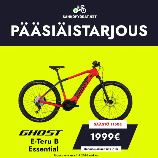 Punainen ja musta GHOST E-Teru B Essential sähköpyörä näkyy kirkkaan keltaisella pohjalla, jossa on 1999 € PÄÄSIÄISTARJOUS 1150 € alennuksella SÄHKÖPYÖRÄT.NETistä.