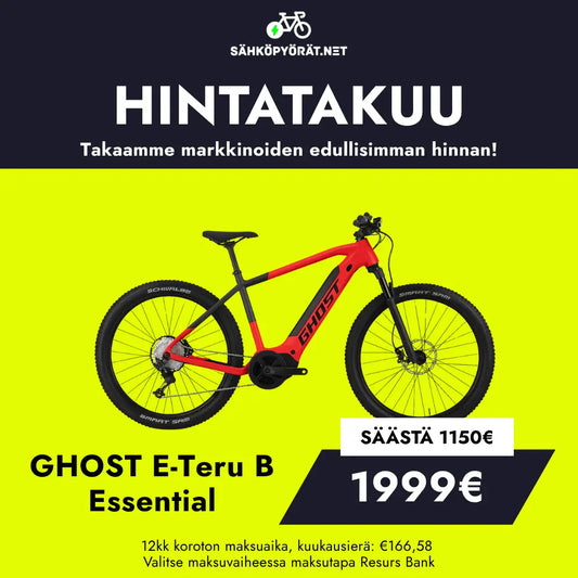 SÄHKÖPYÖRÄT.NET mainostaa GHOST E-Teru B Essential sähköpyörää punamustana hintaan 1999 €. Säästä 1150 €! Mustakeltaisella taustalla näkyy Bosch-moottorin esittely ja suomenkielinen vihjeteksti.