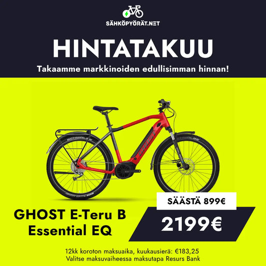 SÄHKÖPYÖRÄT.NETin punamusta GHOST E-Teru B Essential EQ sähköpyörä näkyy keltaisella. Tekstissä korostetaan hintatakuuta, 899 €:n säästöä, 2199 €:n loppuhintaa ja saatavilla olevia rahoitusvaihtoehtoja.
