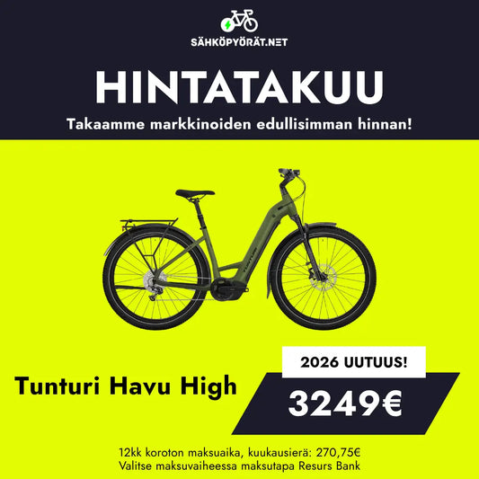 Vihreä Tunturi Havu High -hybridisähköpyörä näkyy keltaisella pohjalla, ja suomenkielinen teksti tarjoaa hintatakuun. Hinta on 3249 €, ja lisämaksutiedot näkyvät alareunassa.