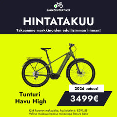 Tunturi Havu High -hybridisähköpyörän mainos Bosch Performance Line PX:llä. Hinta: 3499€. Neonkeltainen tausta, pyörän kuvitus. Sisältää hintatakuun ja rahoitusvaihtoehdot. Tuotemerkki: Tunturi Tunturi, Tunturi, Tunturi, Tunturi, Tunturi, Tunturi, Tunturi, Tunturi: Tunturi.