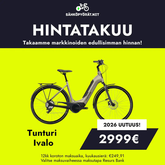 Harmaa Tunturi Ivalon sähköpyörä näkyy kirkkaanvihreällä pohjalla hintaan 2999 €. Kuvassa mainostetaan 2026-mallin hintatakuuta, maksutiedot alla.