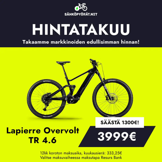 Sähköpyörät.netin mainoksessa on musta Lapierre OVERVOLT TR 4.6 2026 sähkömaastopyörä Bosch Performance Line CX Gen5:llä keltaisella taustalla. Hinta: 3999€. Säästä 1300€!.